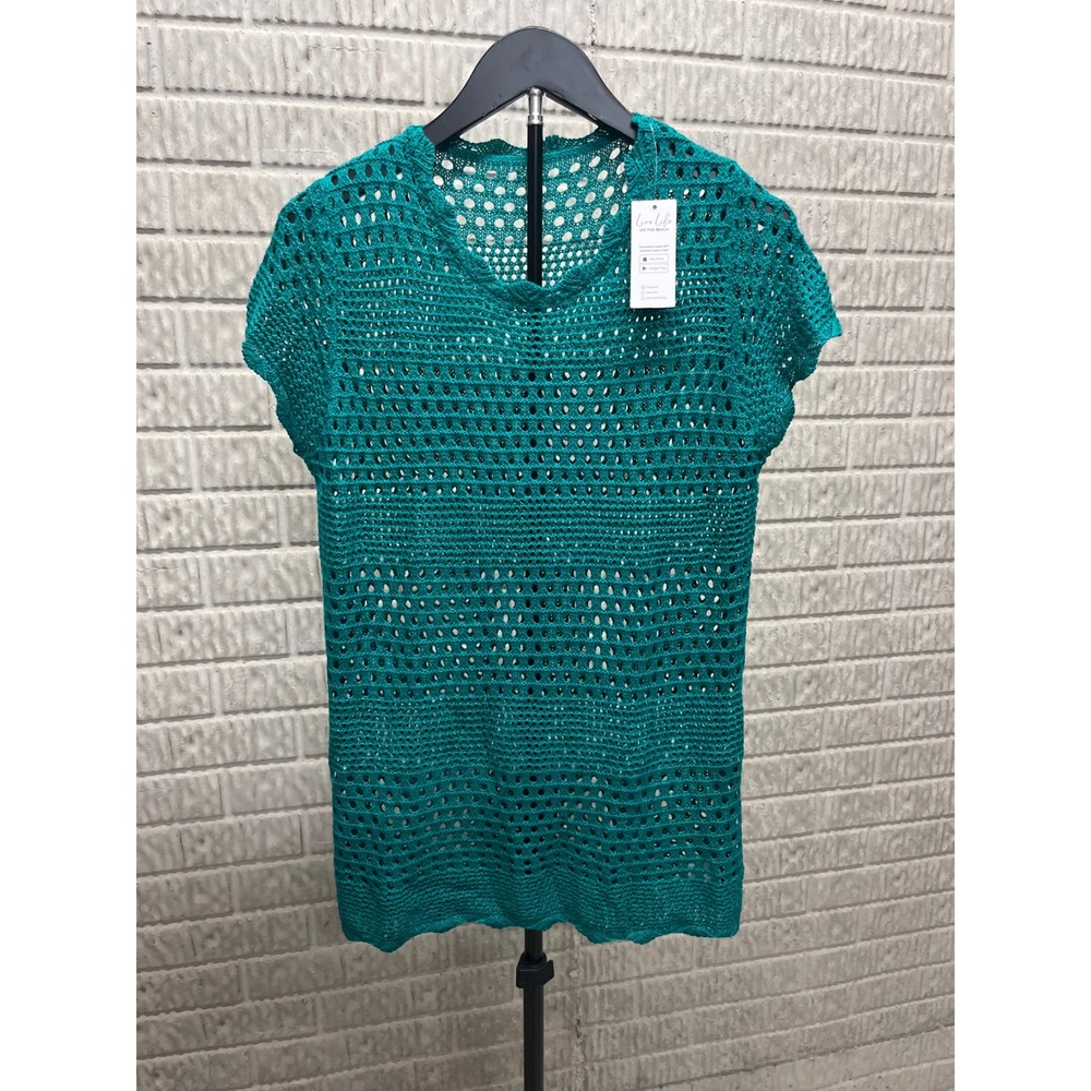 Cupshe Teal Green Crochet Knit Short Sleeve Swim‎ Cover Up Top XS CAA07B4C026RR